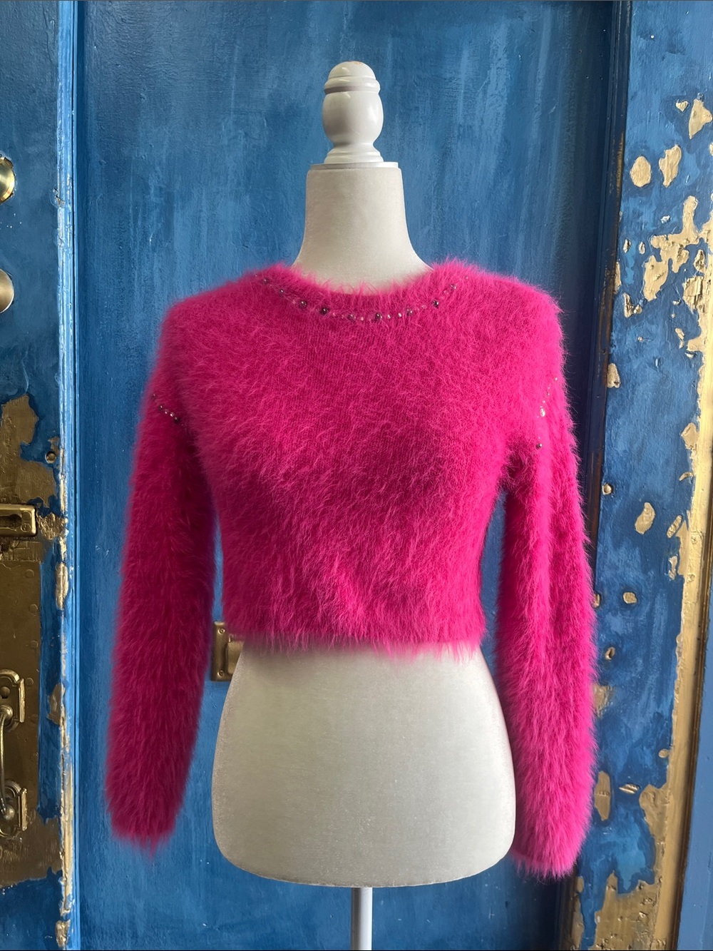 Fuzzy Hot Pink Long-Sleeve Crop Sweater